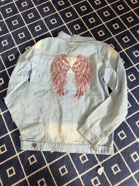 NWT Lola and The Boys Neon Angel Wings Sequin Denim Jean Jacket Women's S